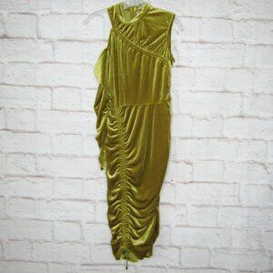 ASOS Chartreuse Green High neck ruched velvet midi bodycon dress size 6
